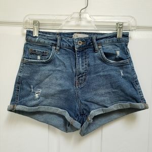 Zara Blue Denim Distressed Rolled Cuff Stretch Jean Shorts 